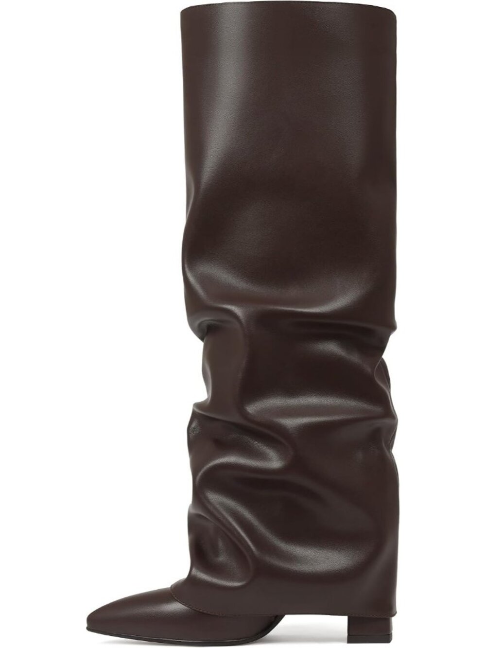 Women Chocolate Brown Pointed Toe Fold Over Chunky Shark Slouchy Knee High Boot